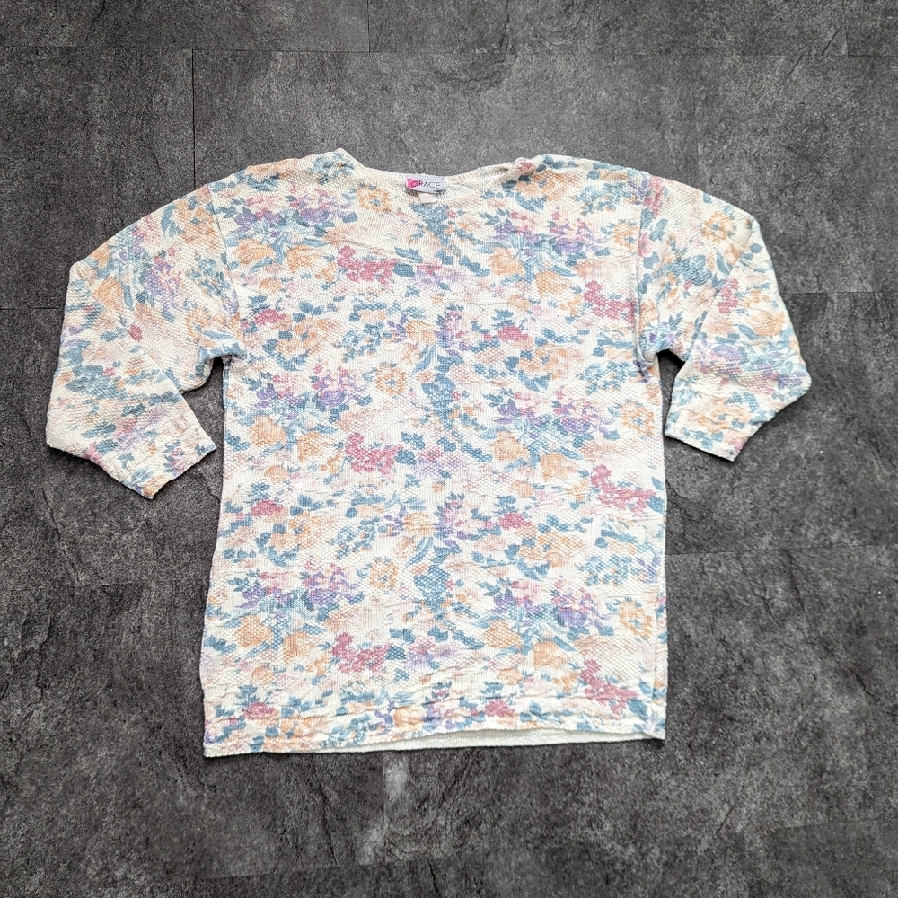 Vintage Floral Oversized Crew Neck Sweater knit long line size medium